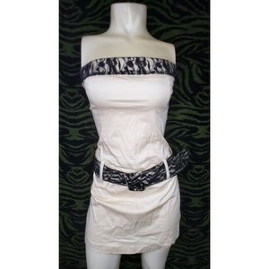 Cream belted tube dress with black lace